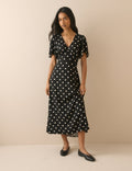 Black Polka Dot Atlas Midi Dress