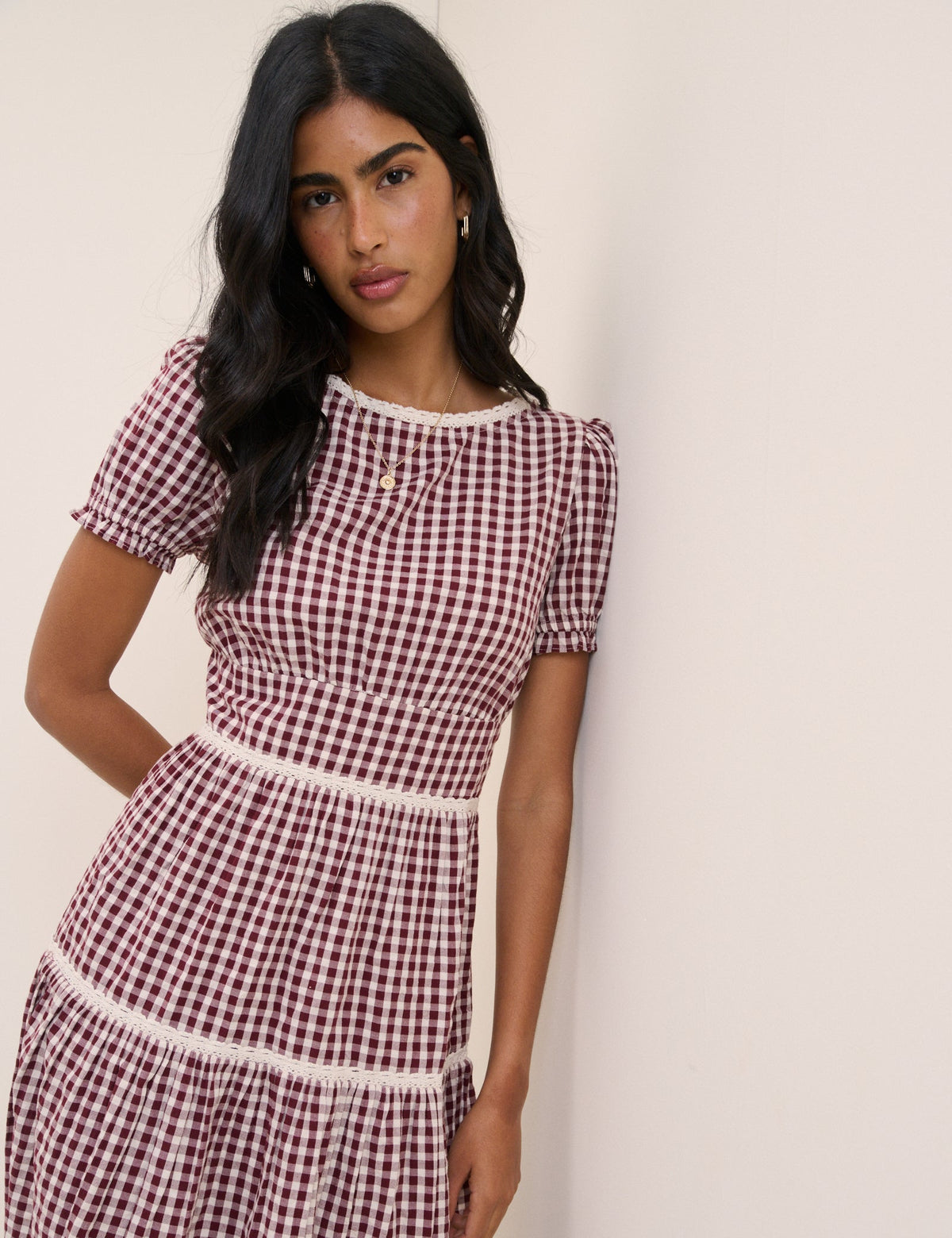Burgundy Gingham Lace Trim Dara Midi Dress