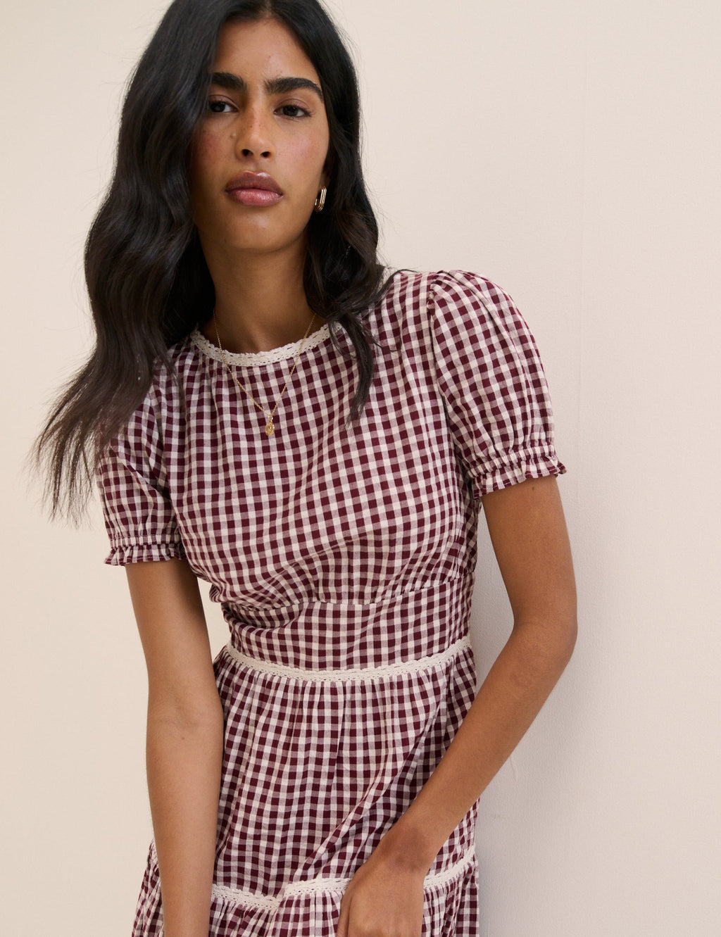 Burgundy Gingham Lace Trim Dara Midi Dress