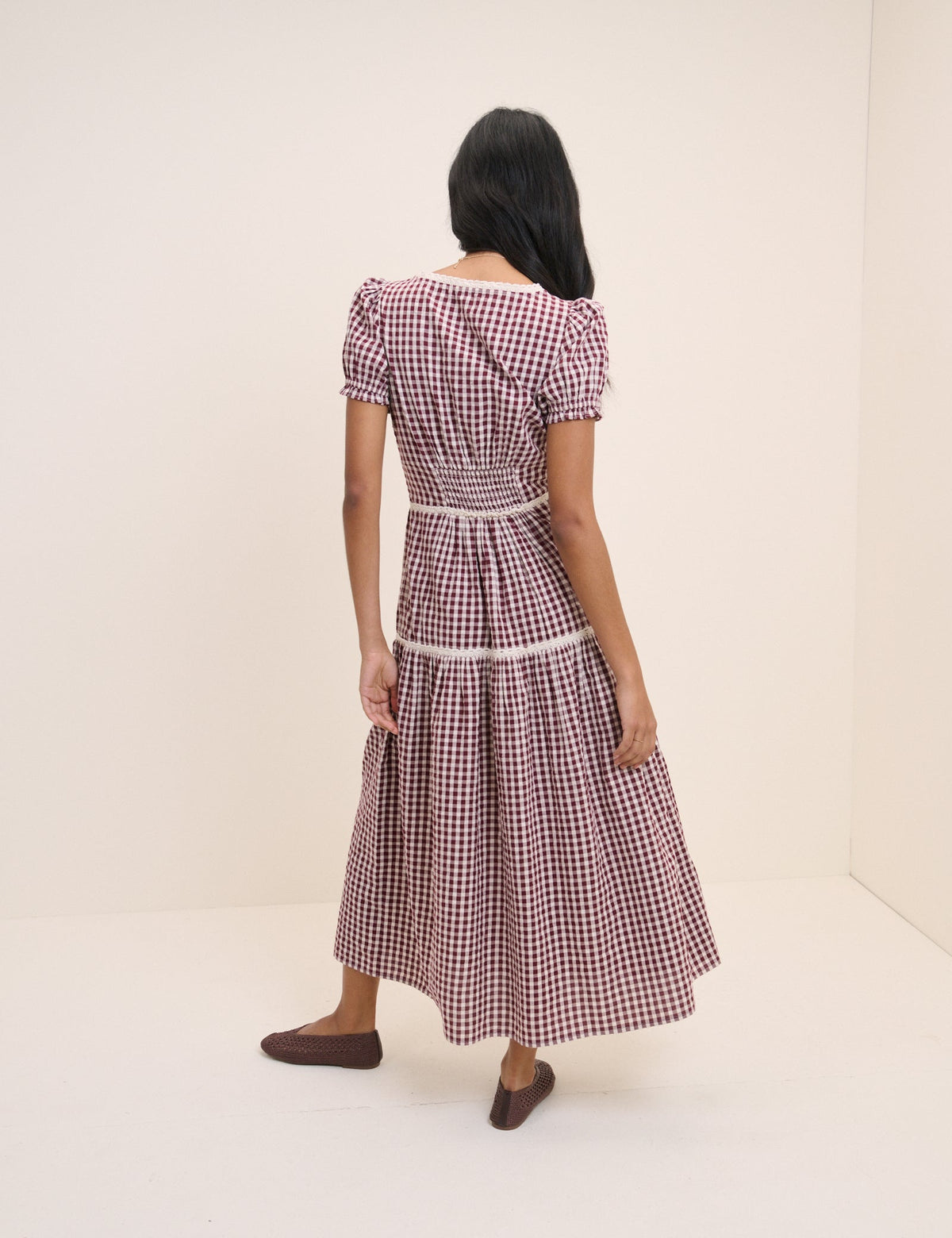 Burgundy Gingham Lace Trim Dara Midi Dress