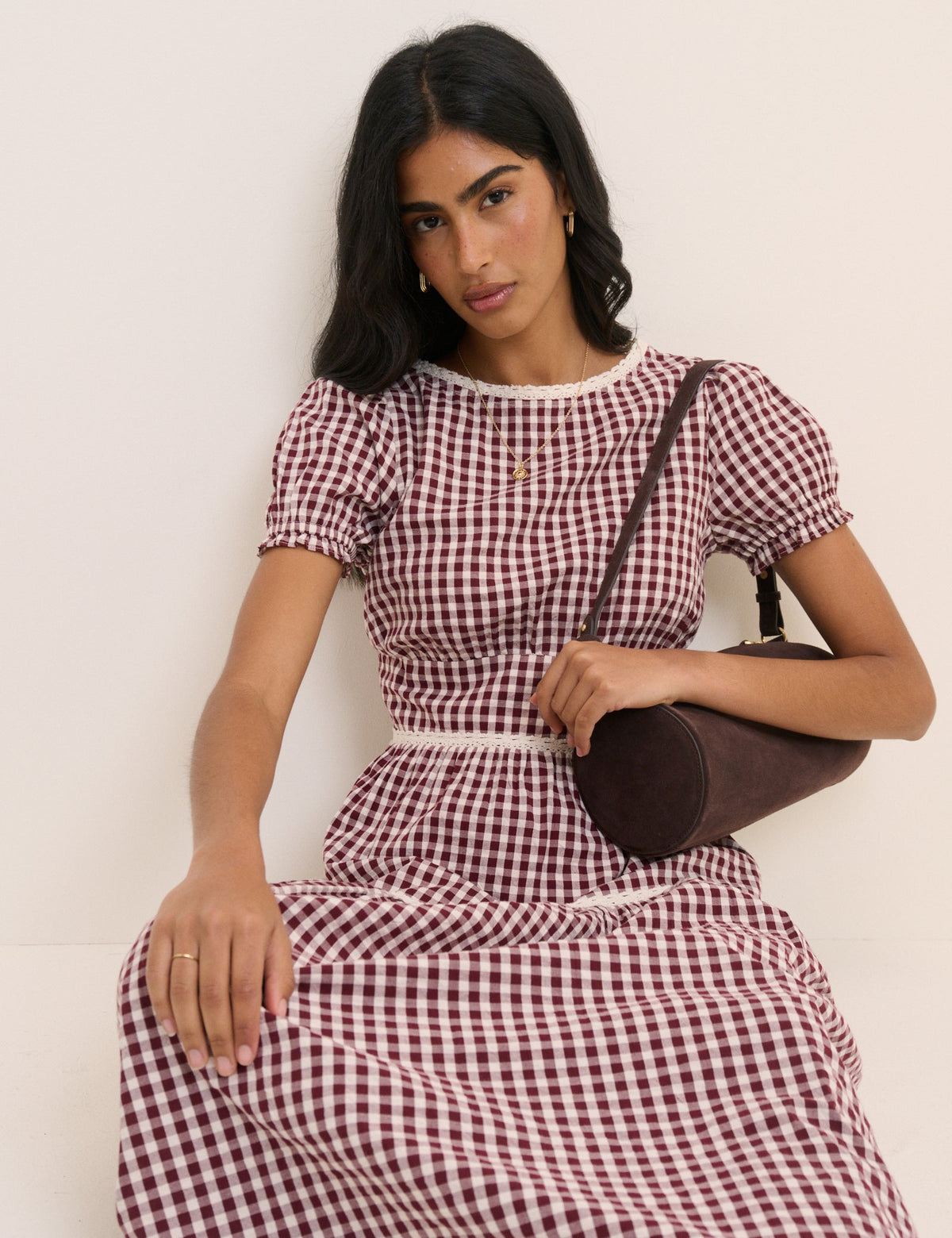 Burgundy Gingham Lace Trim Dara Midi Dress