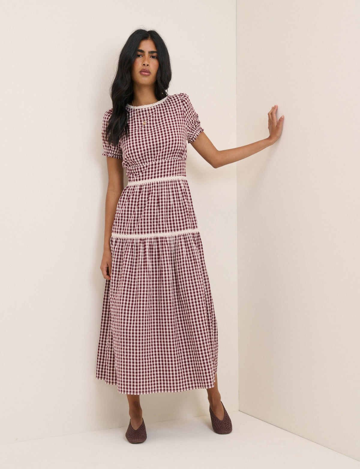 Burgundy Gingham Lace Trim Dara Midi Dress