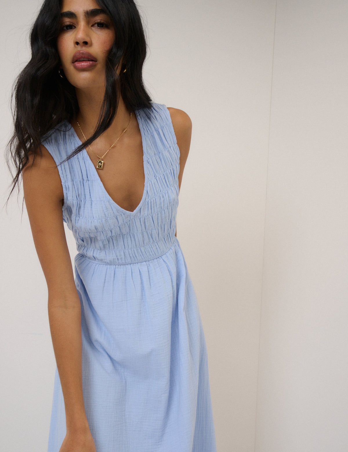 Blue Ruched Sleeveless Audrey Midi Dress