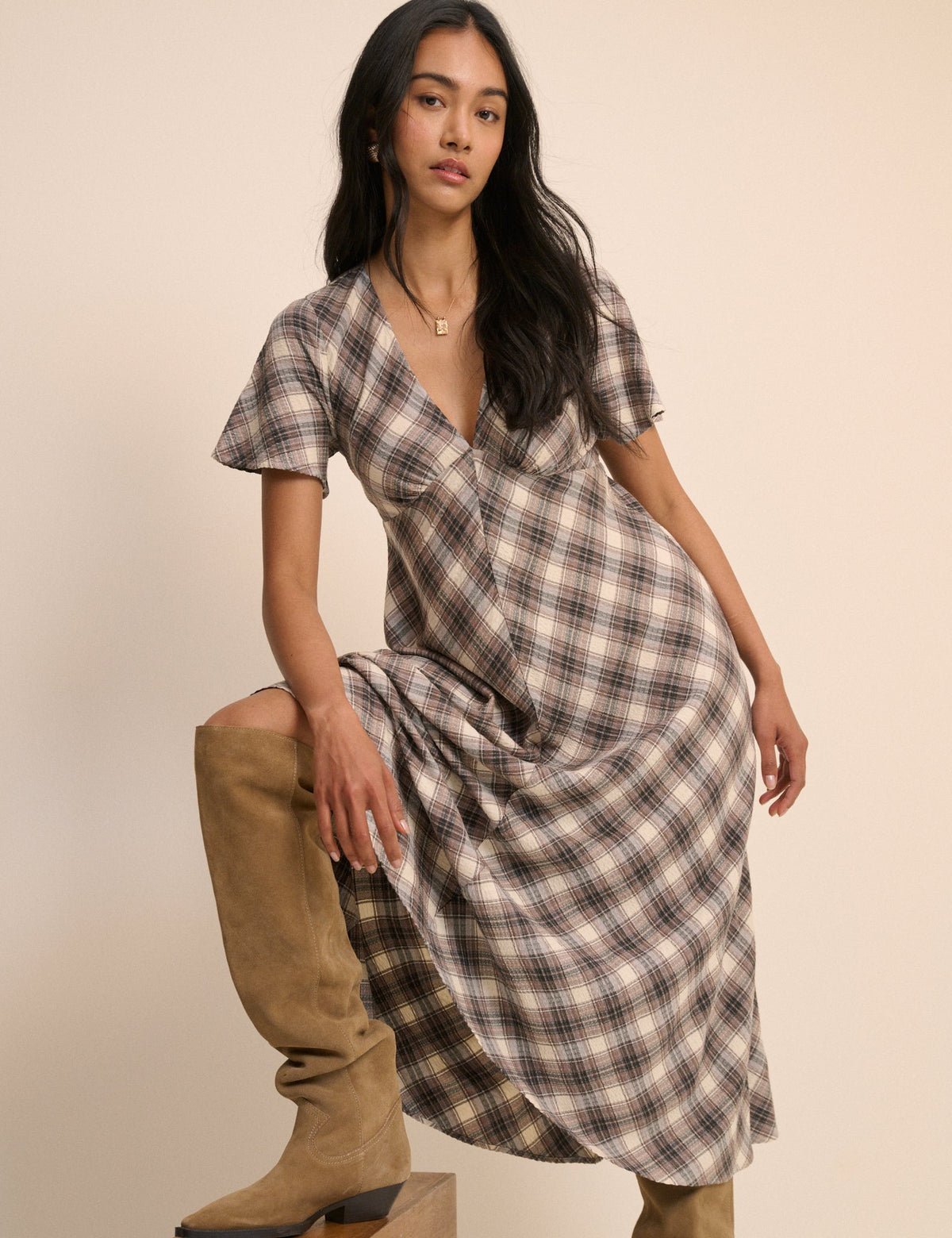 Brown Check Rowena Midi Dress