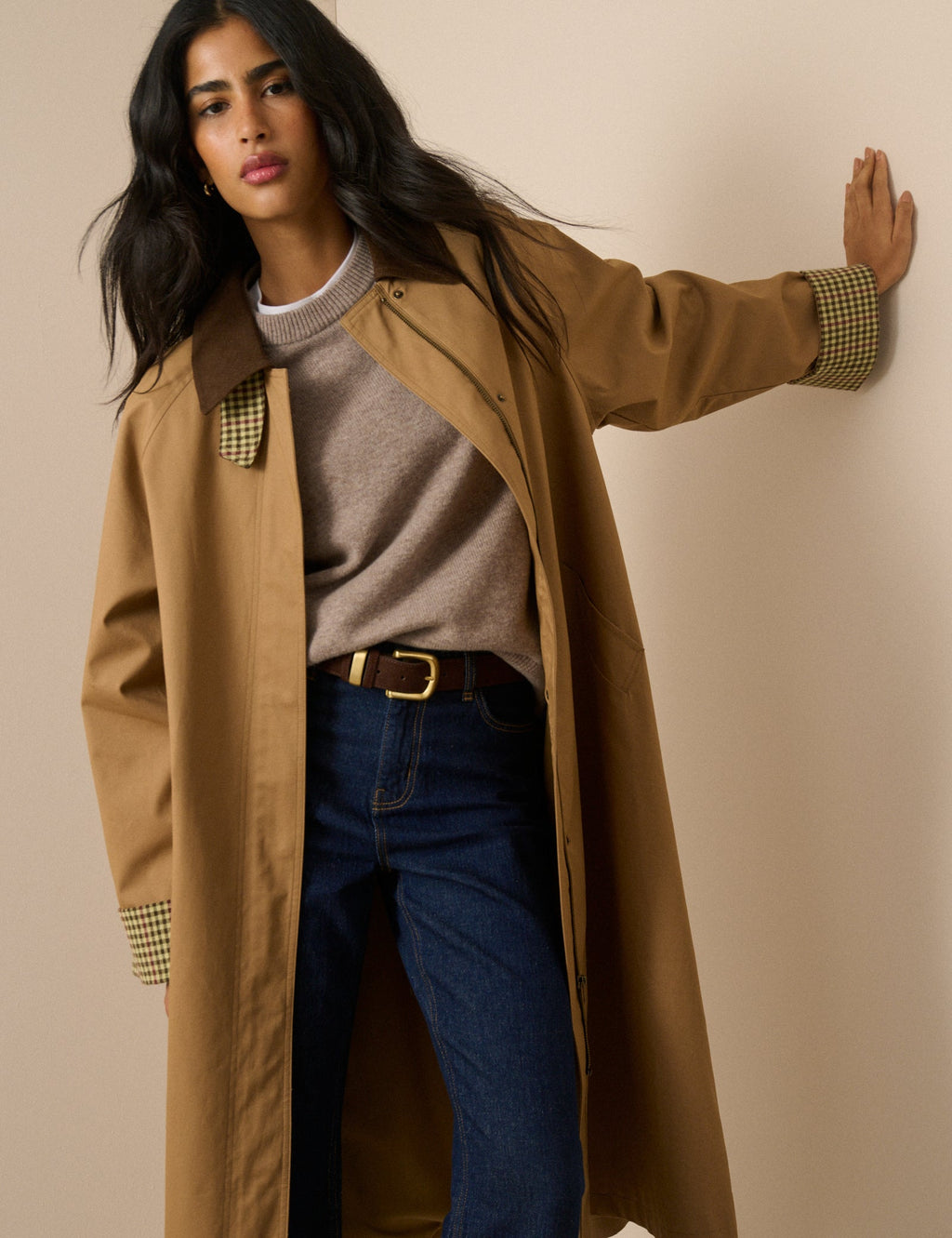Camel Cord Detail Long Barn Coat