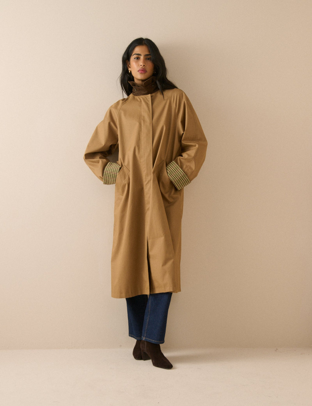 Camel Cord Detail Long Barn Coat