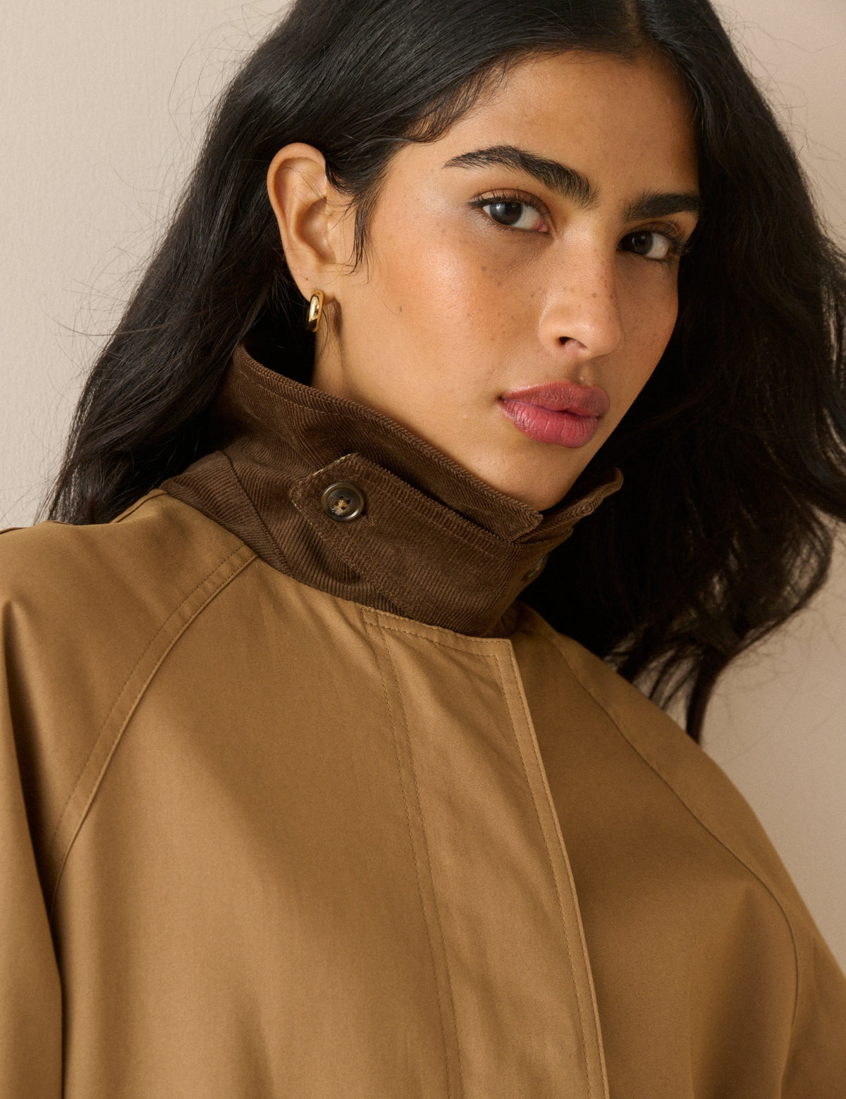 Camel Cord Detail Long Barn Coat