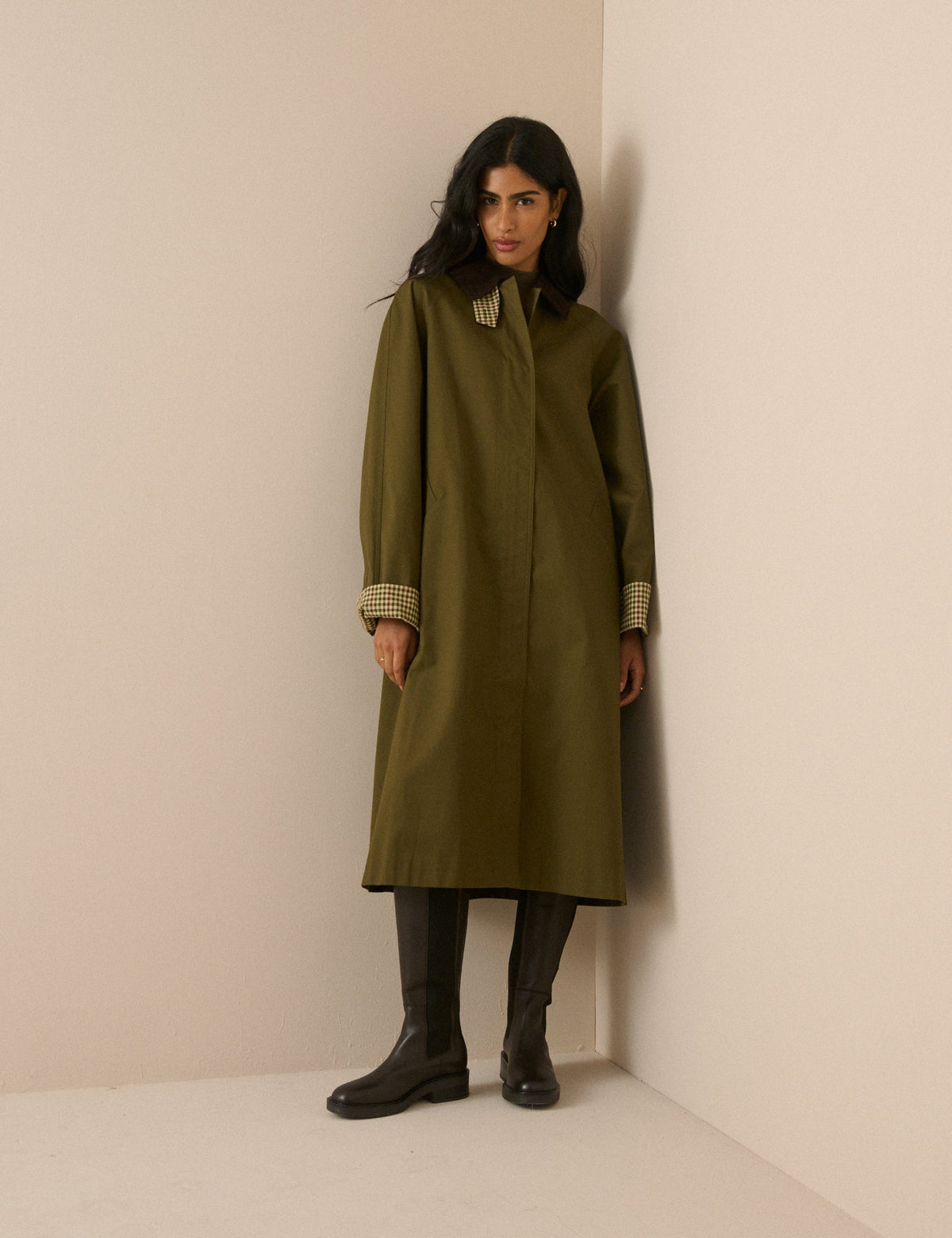 Khaki Cord Detail Long Barn Coat