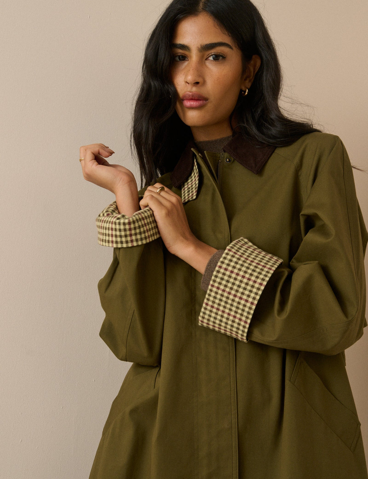 Khaki Cord Detail Long Barn Coat