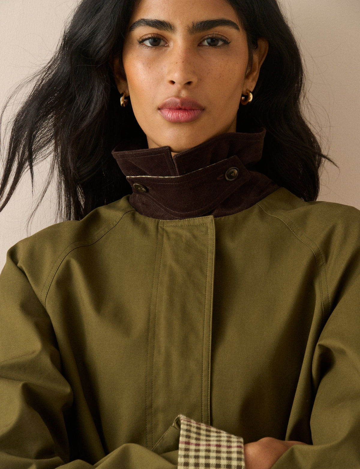 Khaki Cord Detail Long Barn Coat