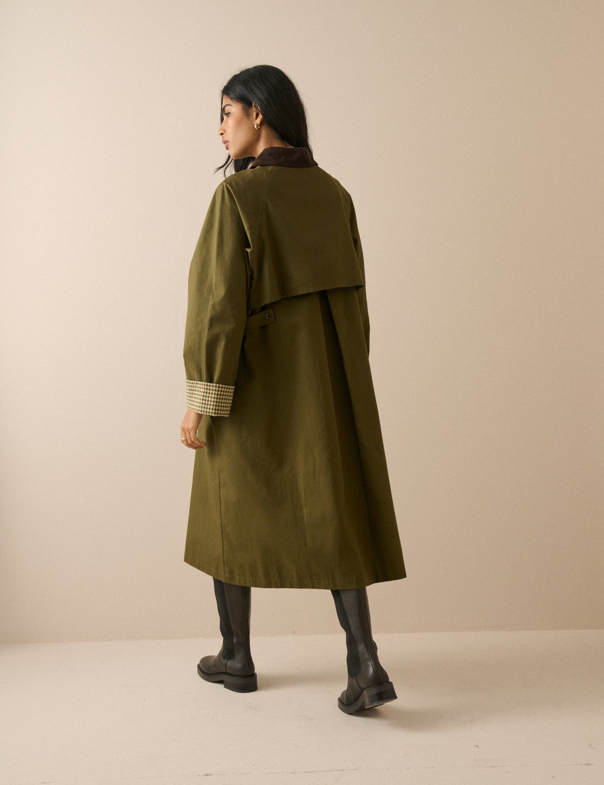 Khaki Cord Detail Long Barn Coat