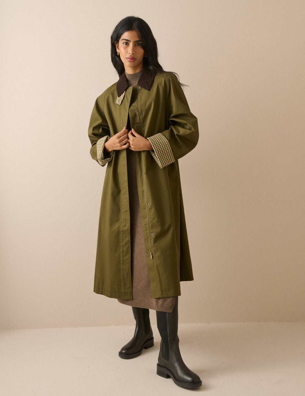 Khaki Cord Detail Long Barn Coat