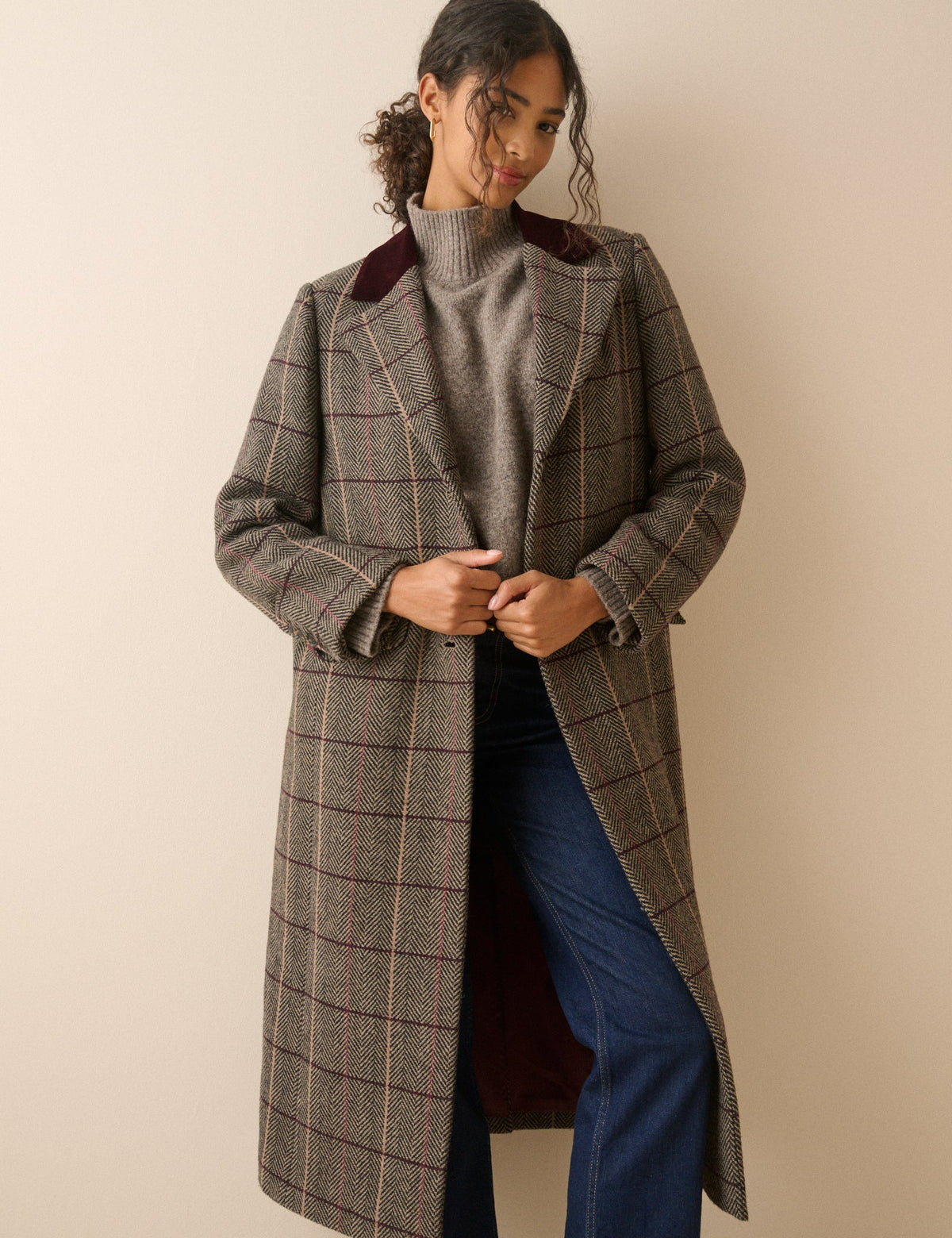 Brown Herringbone Wool-Blend Coat