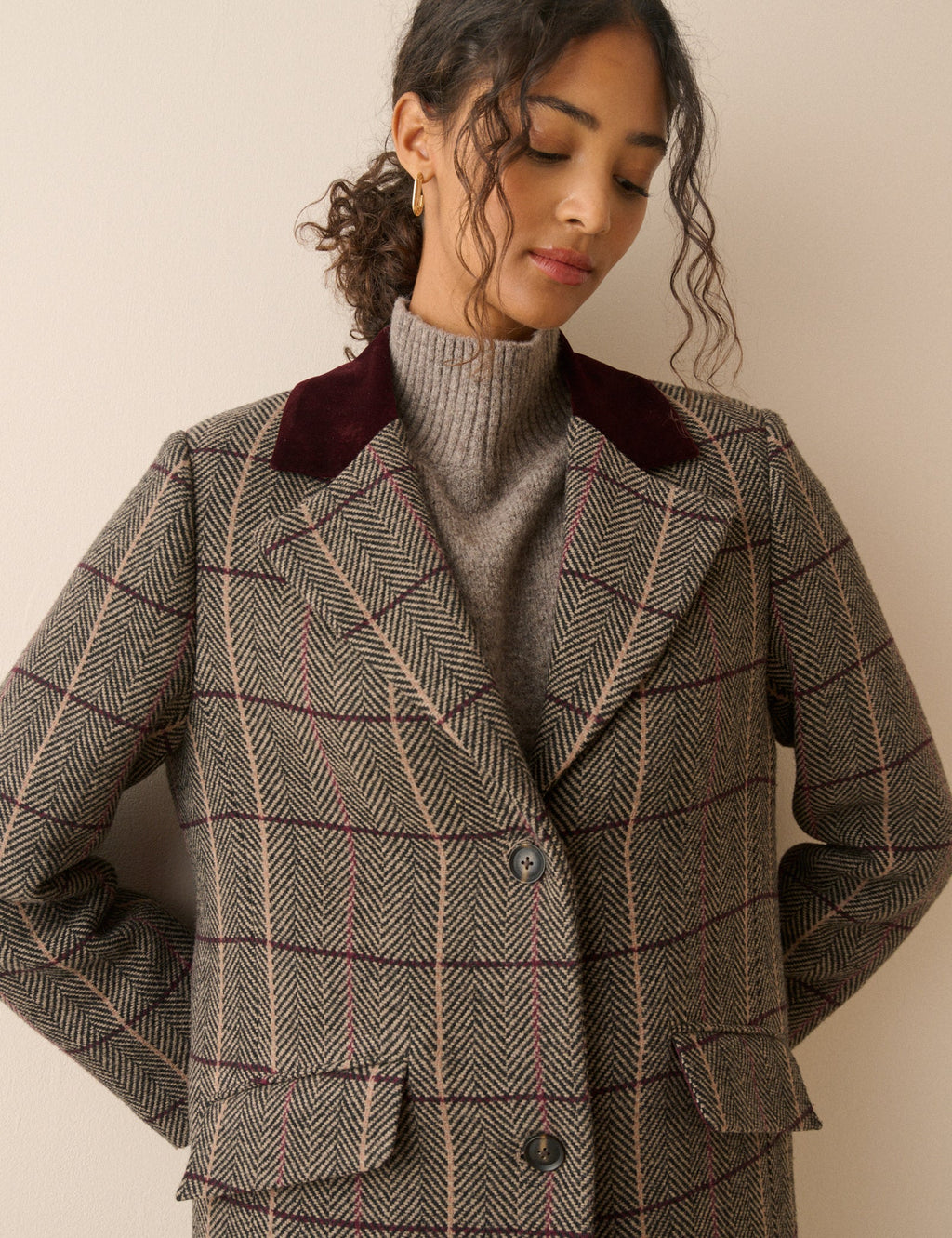 Brown Herringbone Wool-Blend Coat