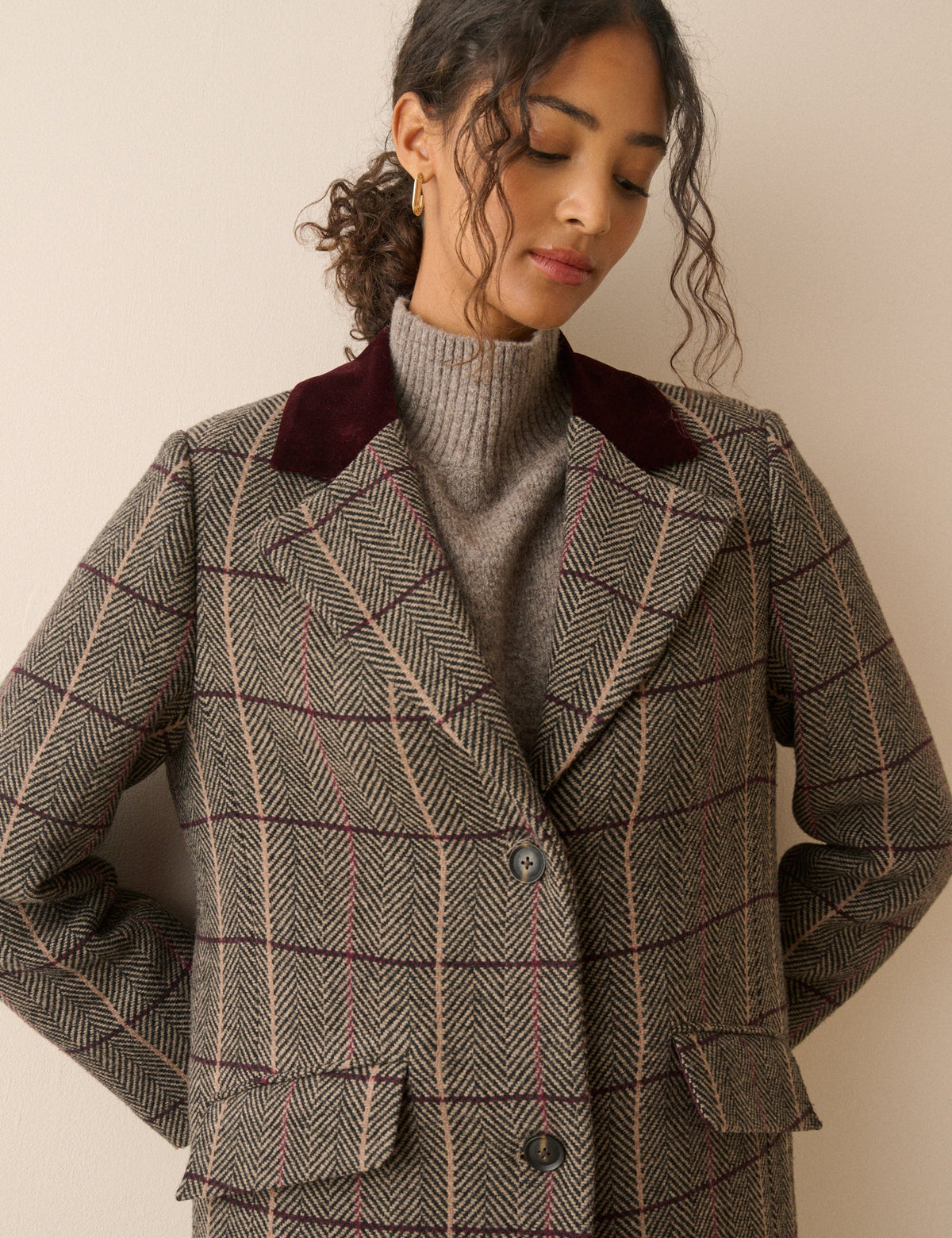 Brown Herringbone Wool-Blend Coat