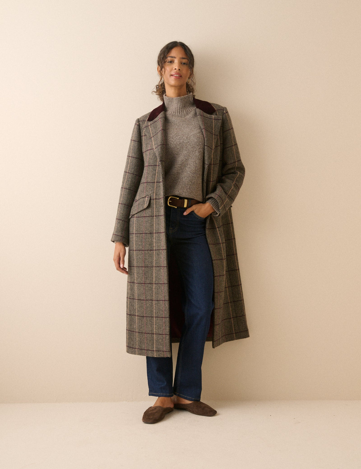 Brown Herringbone Wool-Blend Coat