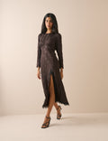Brown Jacquard Floral Long Sleeve Jamie Midi Dress