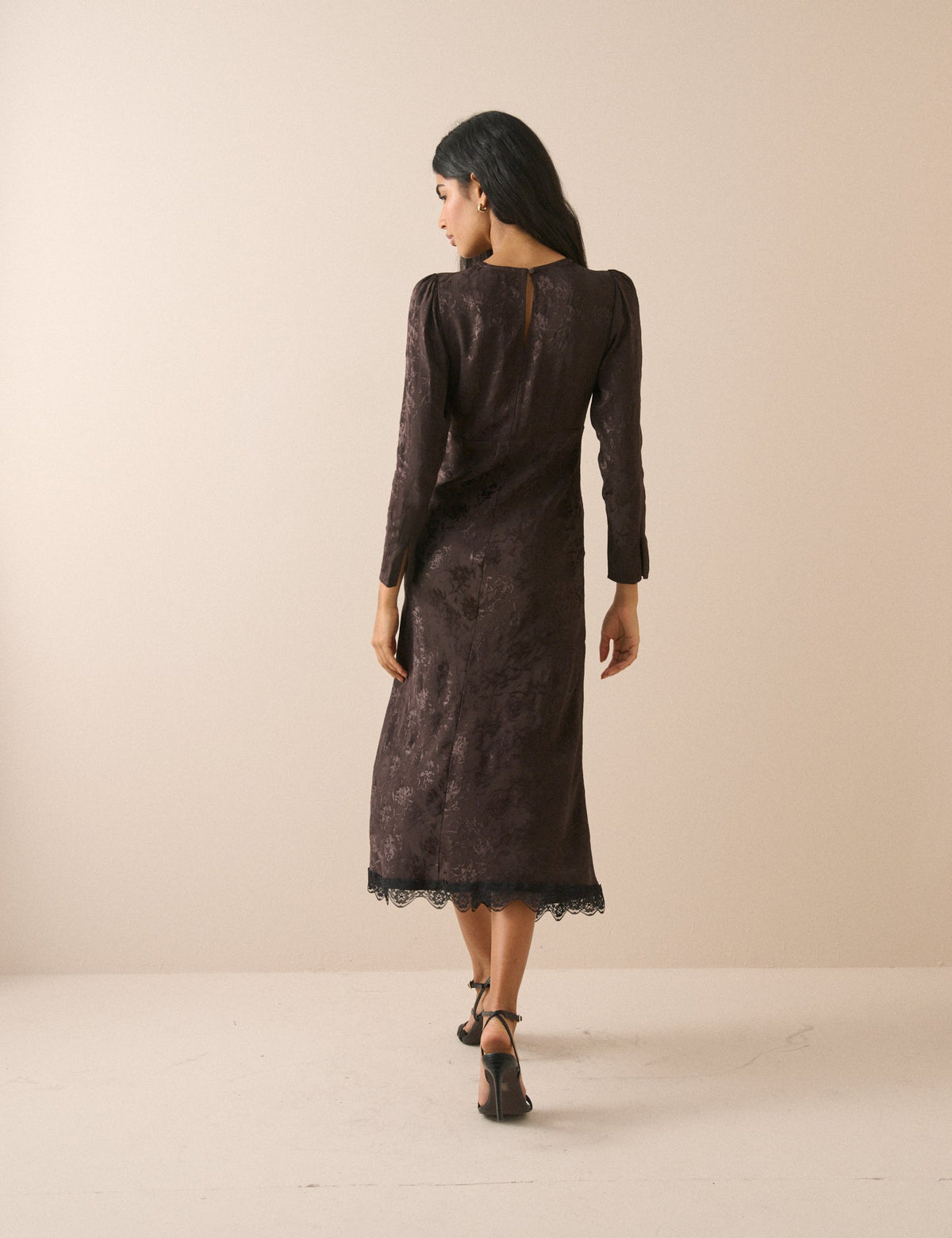 Brown Jacquard Floral Long Sleeve Jamie Midi Dress