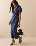 Navy Jacquard Floral Satin Nicolette Midi Dress