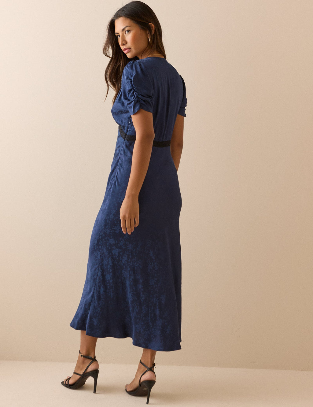 Navy Jacquard Floral Satin Nicolette Midi Dress