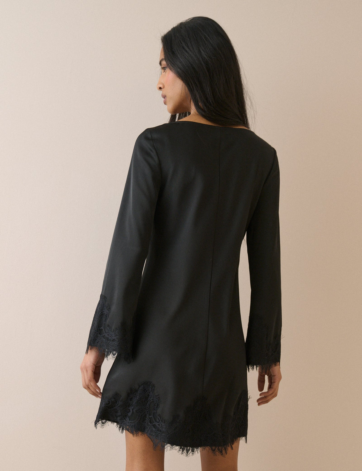 Black Lace Trim Satin Kamari Mini Dress