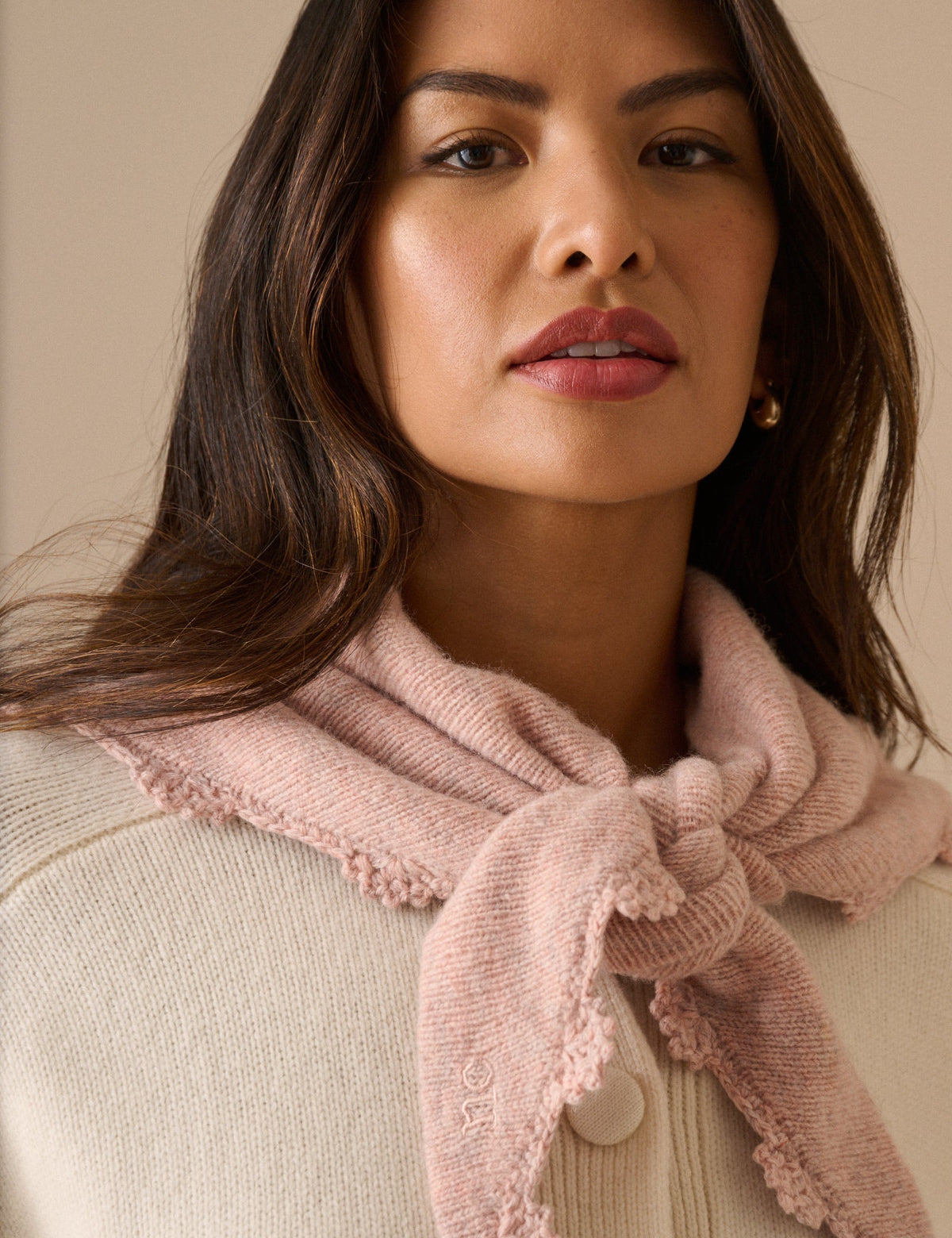 Light Pink Crochet Trim Wool-Blend Triangle Scarf