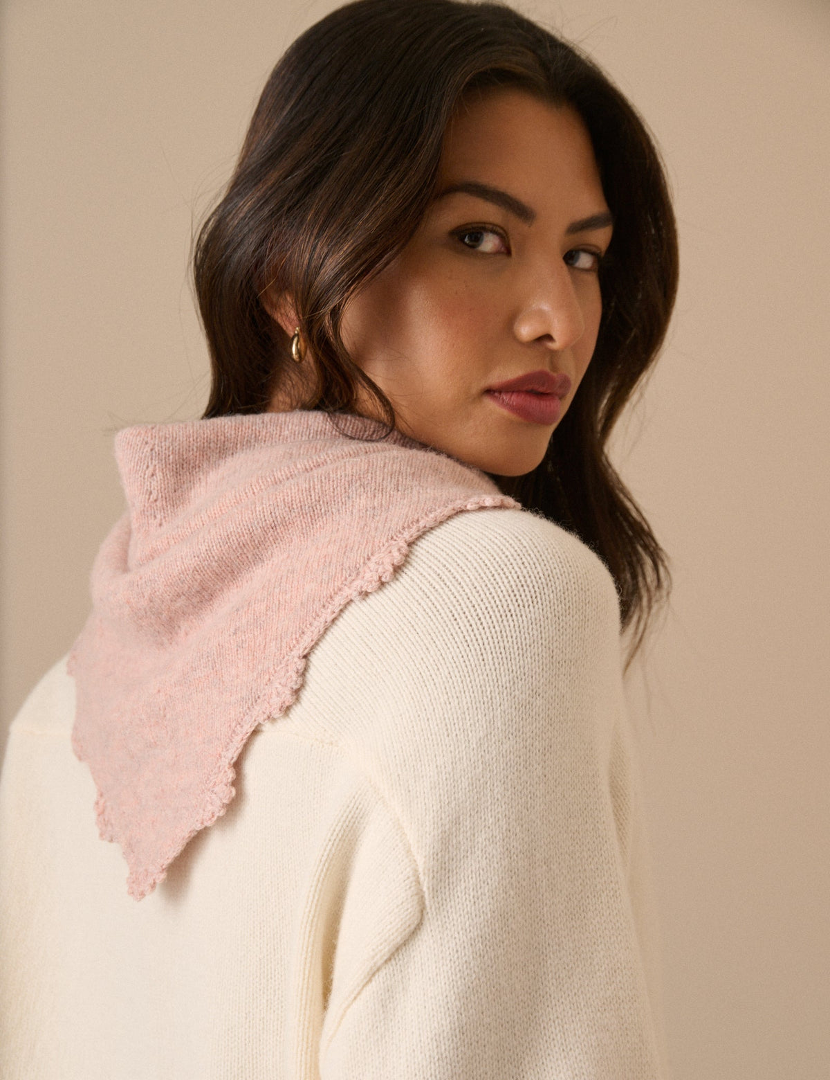 Light Pink Crochet Trim Wool-Blend Triangle Scarf