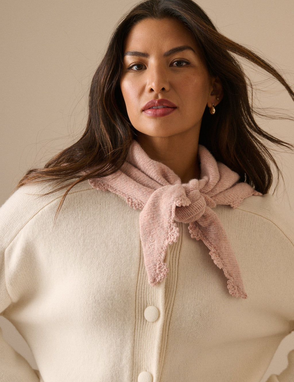 Light Pink Crochet Trim Wool-Blend Triangle Scarf