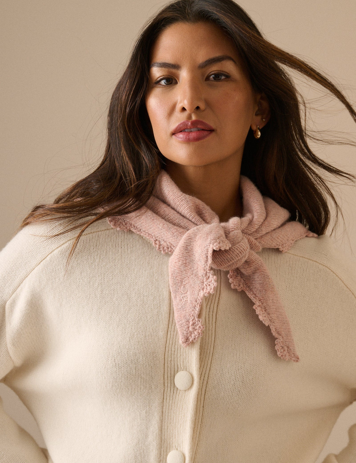 Light Pink Crochet Trim Wool-Blend Triangle Scarf