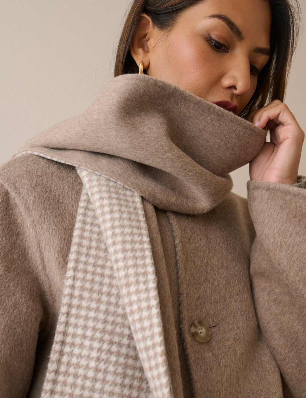 Brown Check Wool-Blend Reversible Scarf Coat