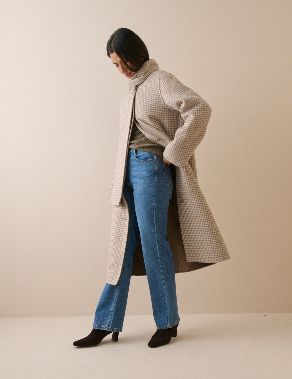 Brown Check Wool-Blend Reversible Scarf Coat