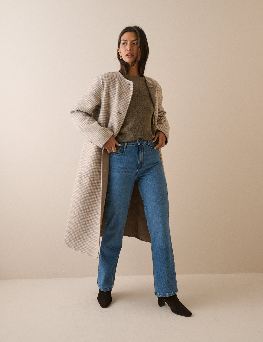 Brown Check Wool-Blend Reversible Scarf Coat
