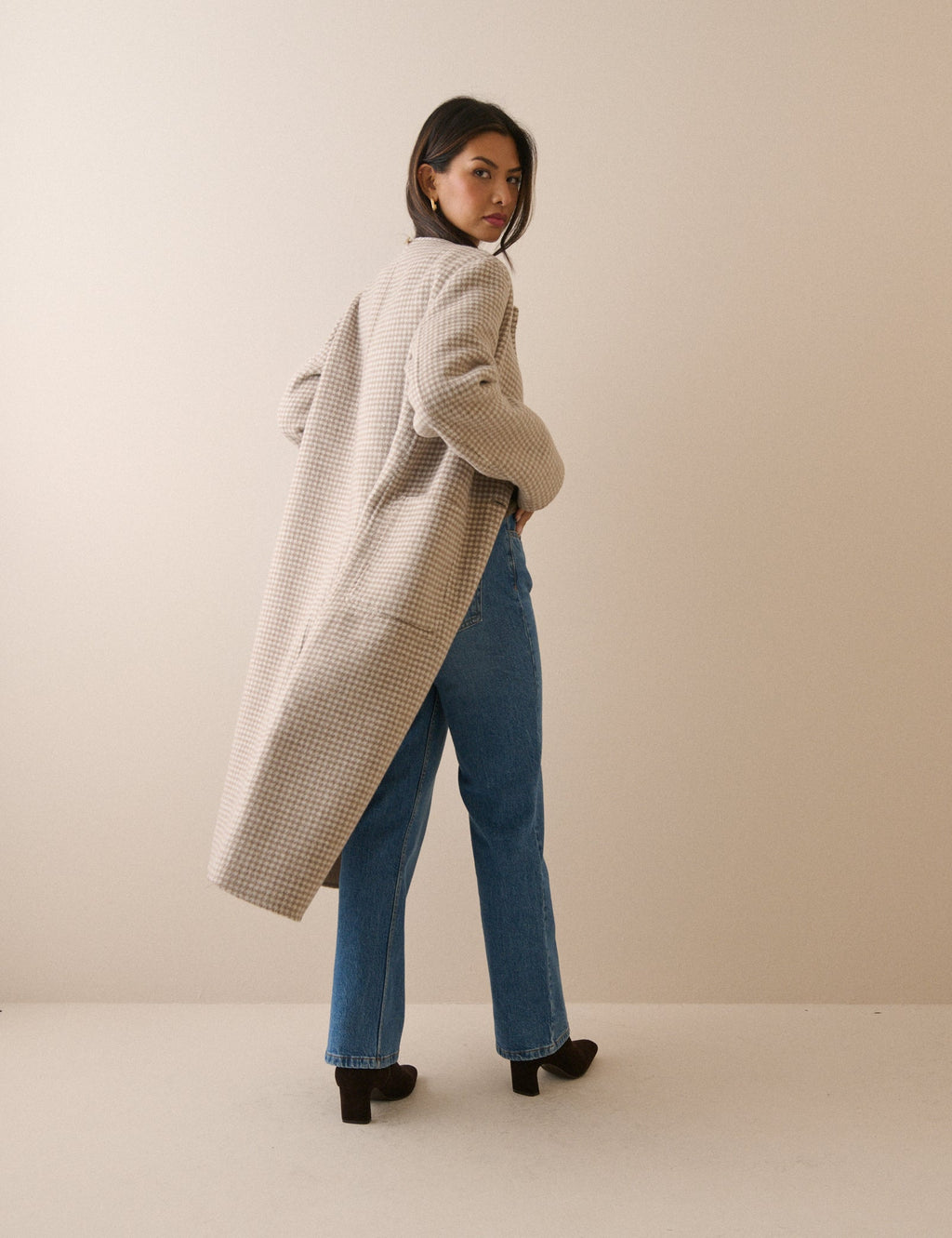 Brown Check Wool-Blend Reversible Scarf Coat