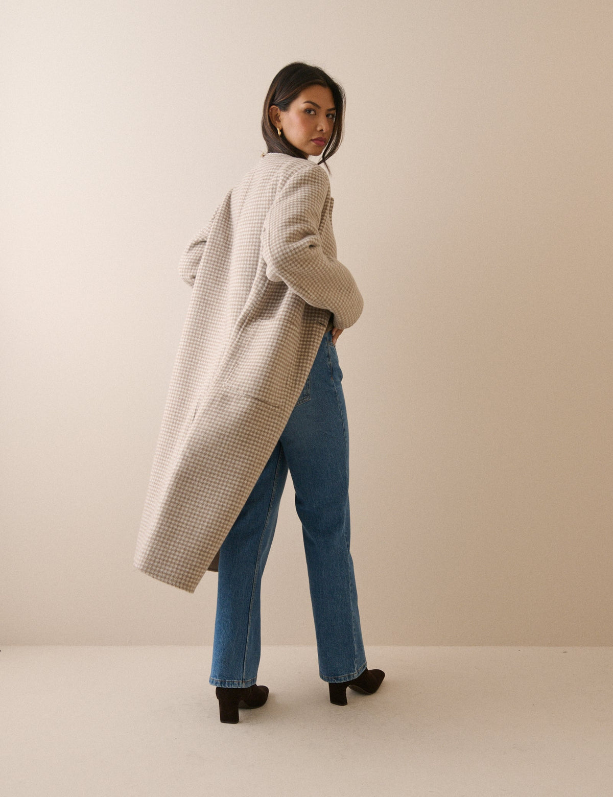 Brown Check Wool-Blend Reversible Scarf Coat