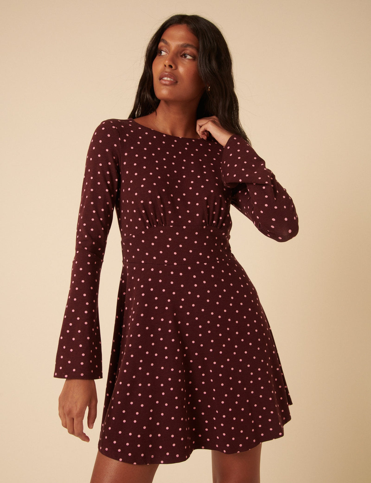 Burgundy Polka Dot Boat Neck Tate Jersey Mini Dress