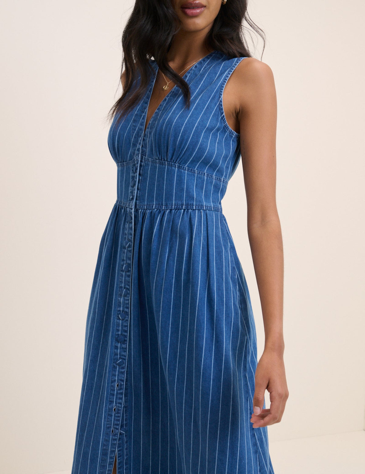 Blue Denim Sleeveless Pinstripe Starlight Midi Dress