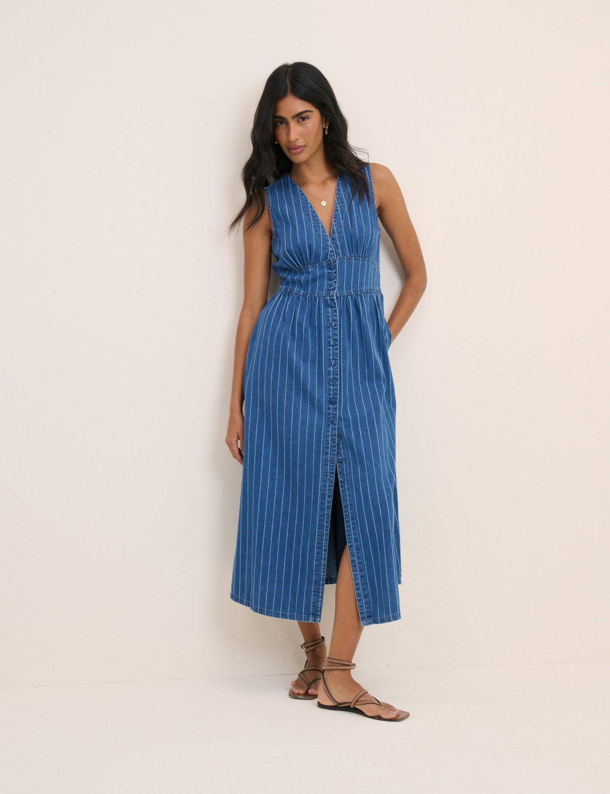 Blue Denim Sleeveless Pinstripe Starlight Midi Dress