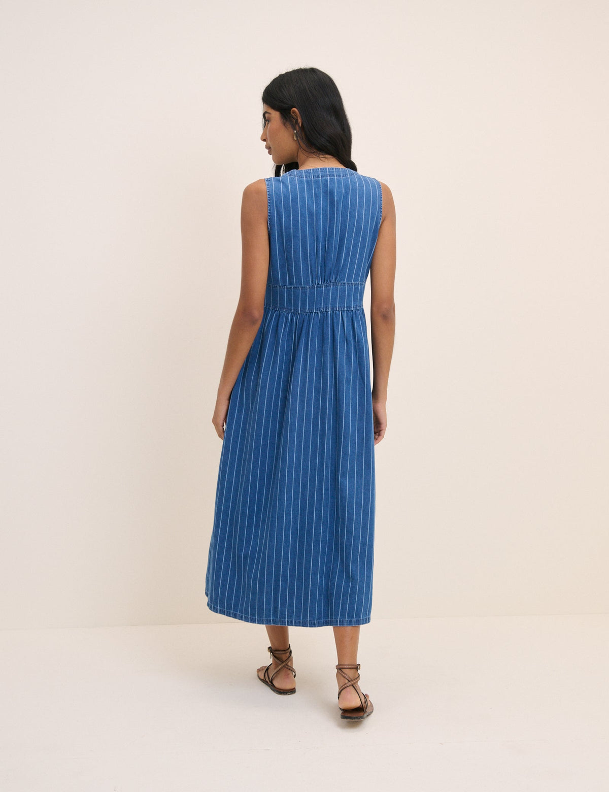 Blue Denim Sleeveless Pinstripe Starlight Midi Dress