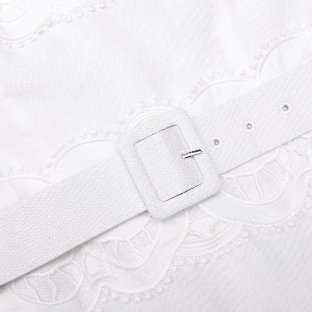 White Linen Lace Insert Midi Dress