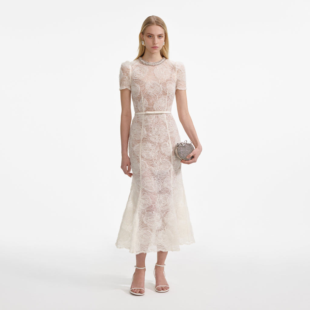 Cream Tulle Lace Midi Dress