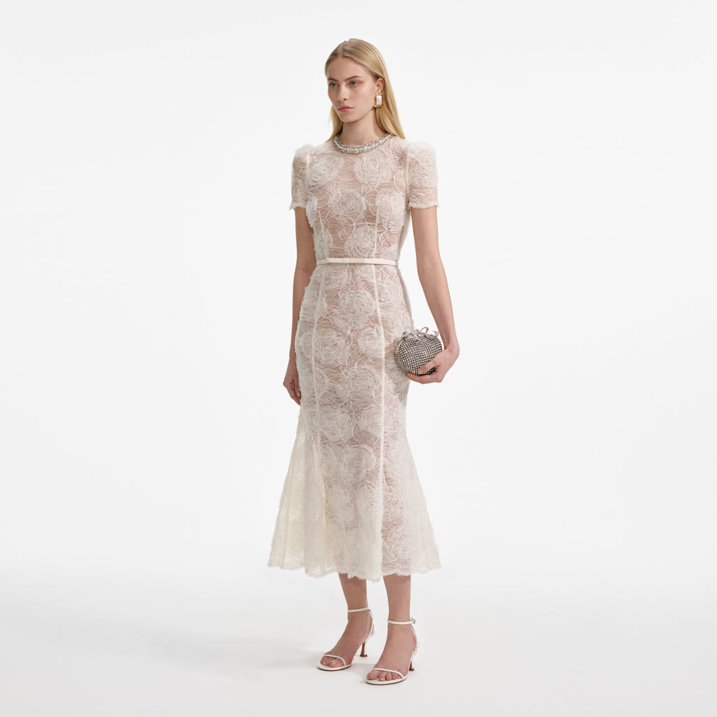 Cream Tulle Lace Midi Dress