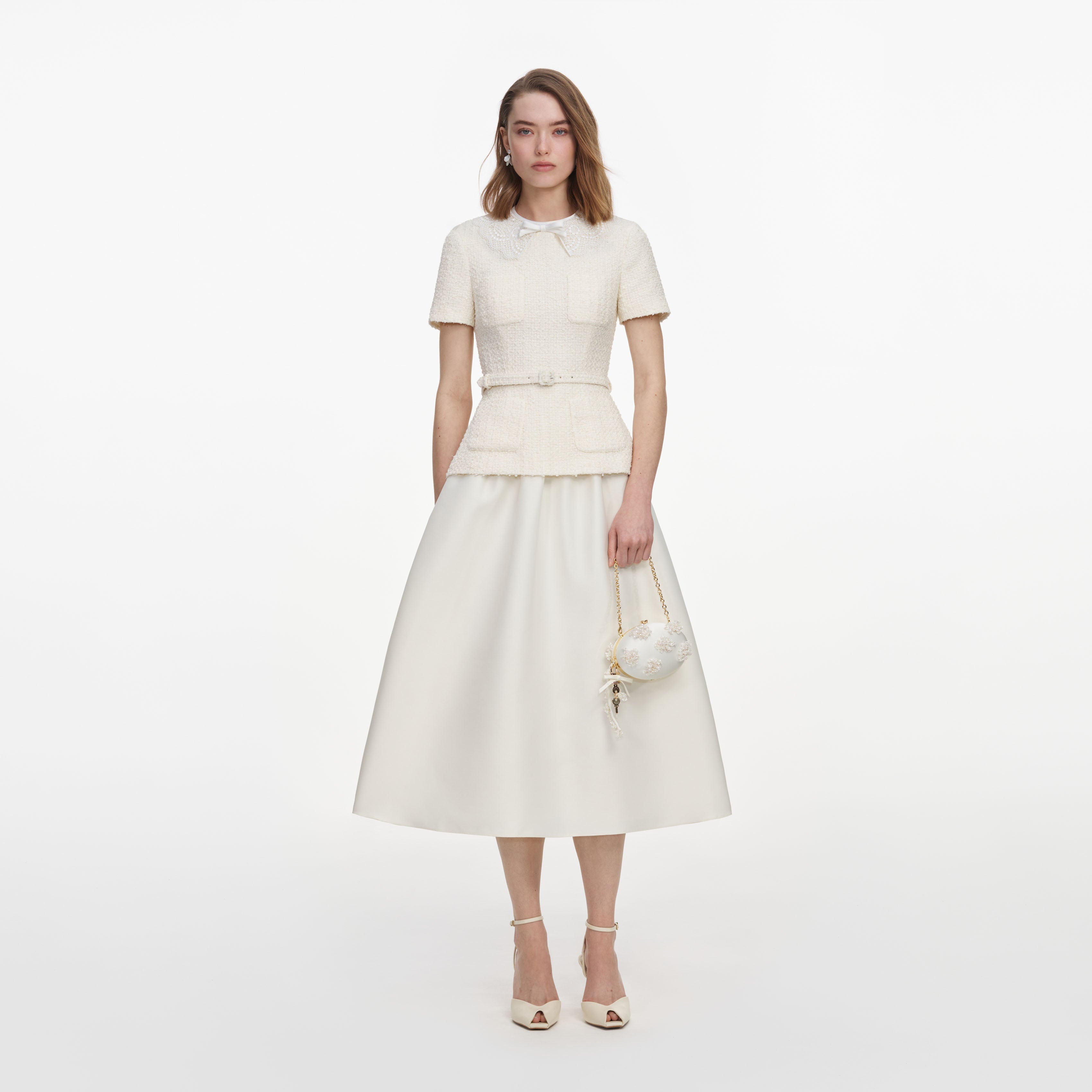 Cream Boucle Taffeta Midi Dress