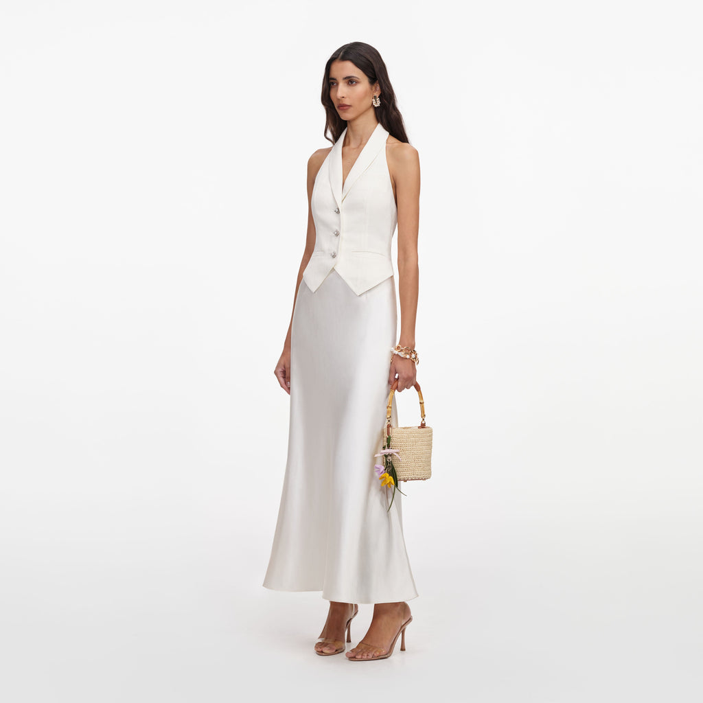 Cream Linen Blend Satin Midi Dress