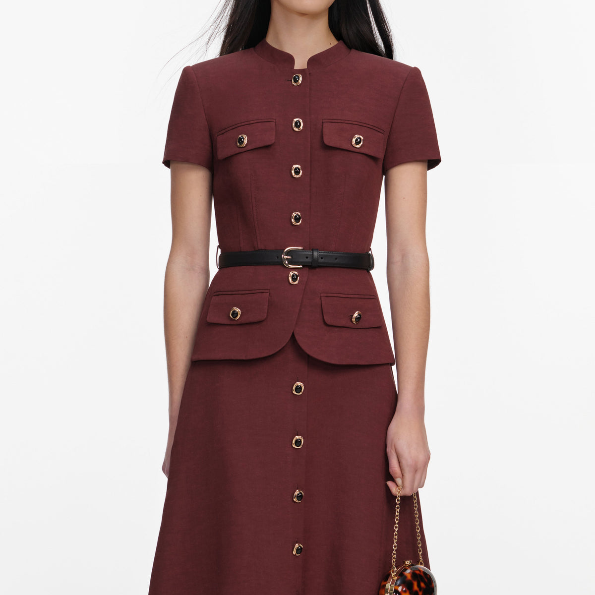 Brown Peplum Linen Blend Midi Dress