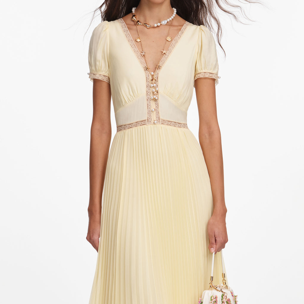 Yellow Viscose Pleated Lace Midi Dress