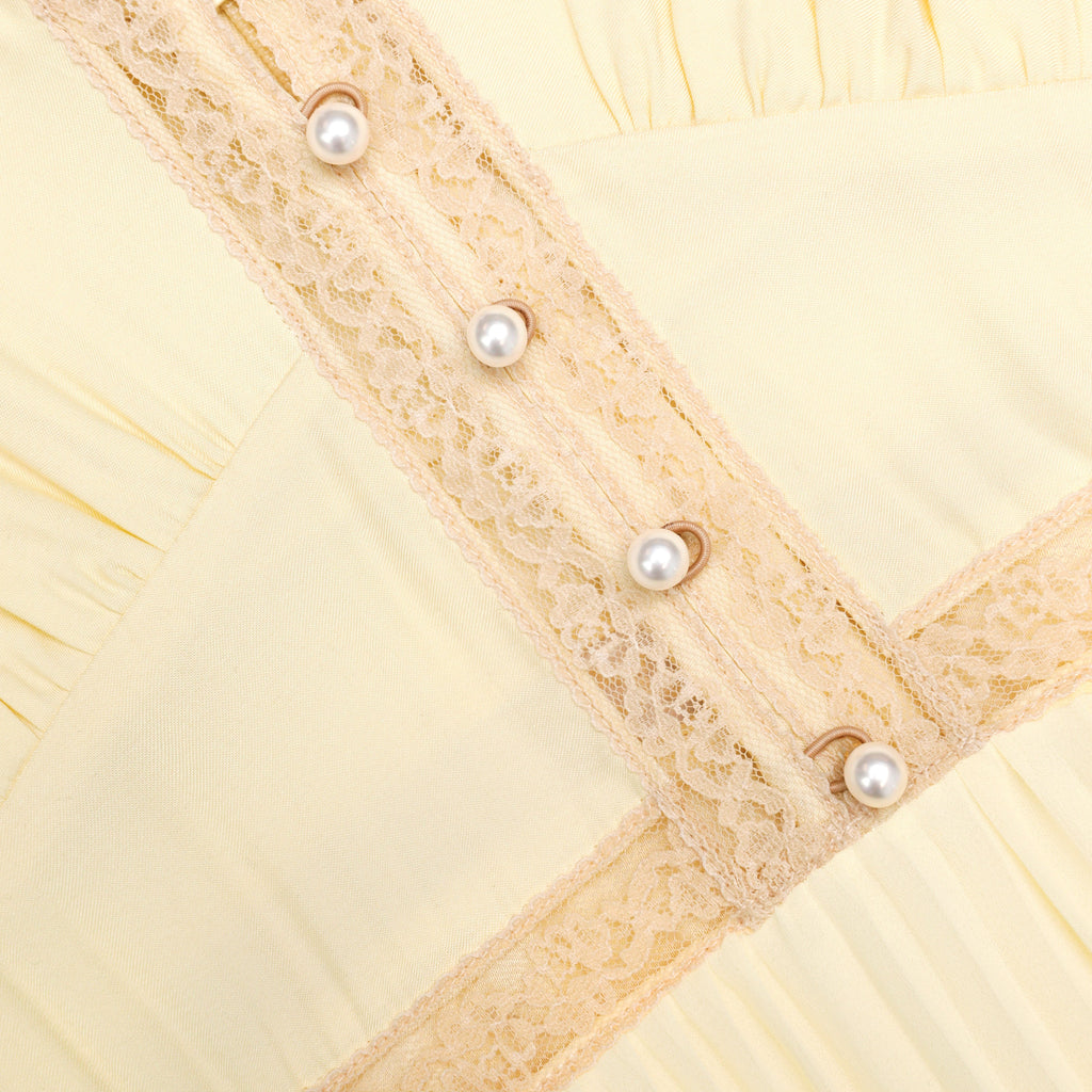 Yellow Viscose Pleated Lace Midi Dress