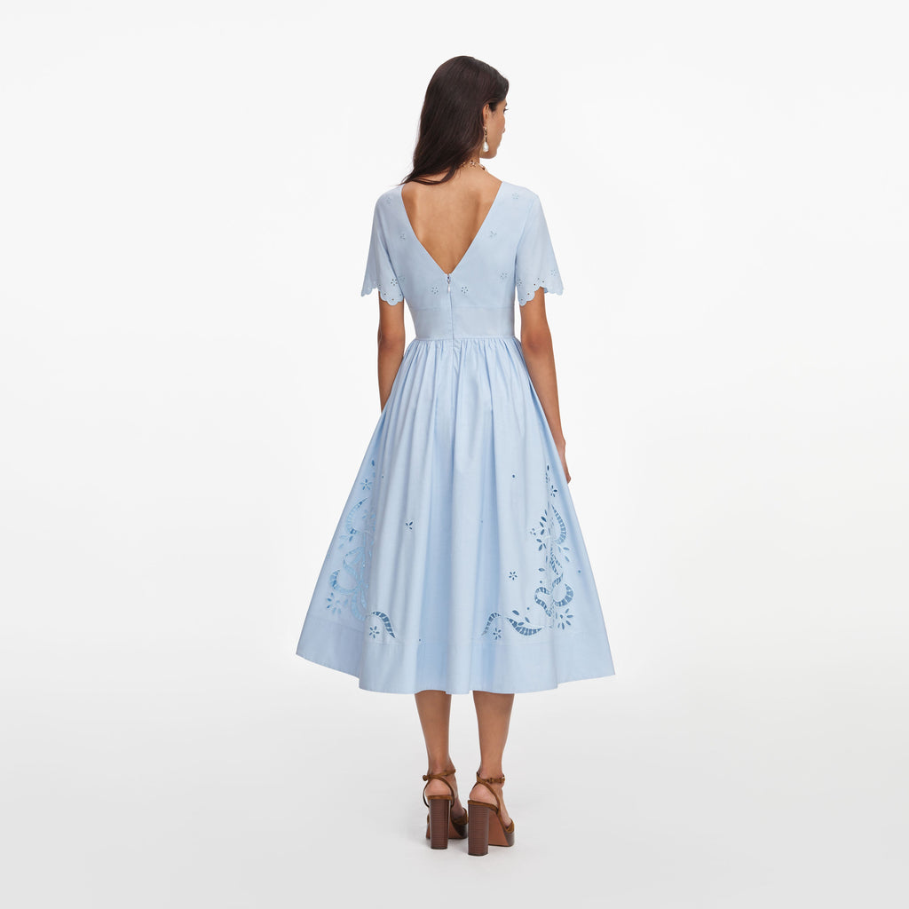 Blue Cotton Embroidered Midi Dress