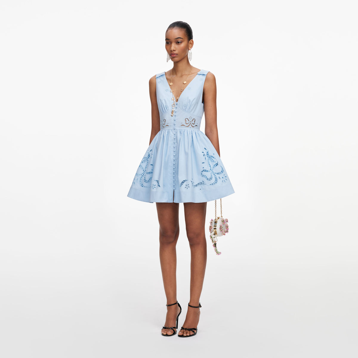 Blue Cotton Embroidered Mini Dress