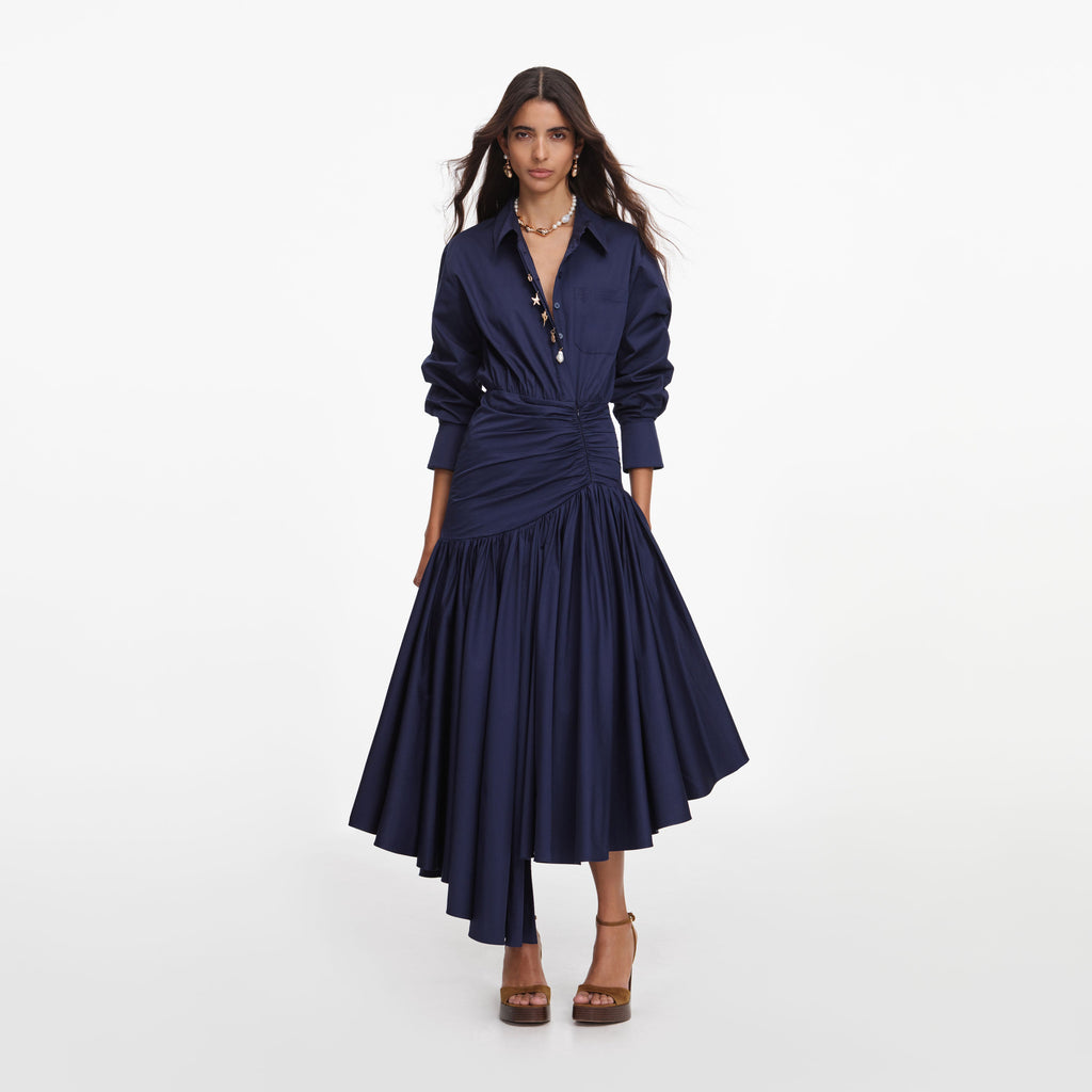 Navy Cotton Asymmetric Midi Dress