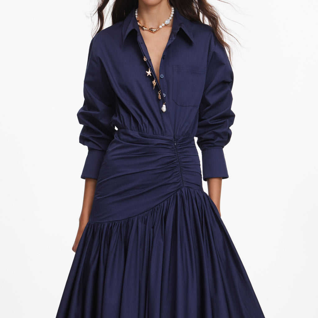 Navy Cotton Asymmetric Midi Dress